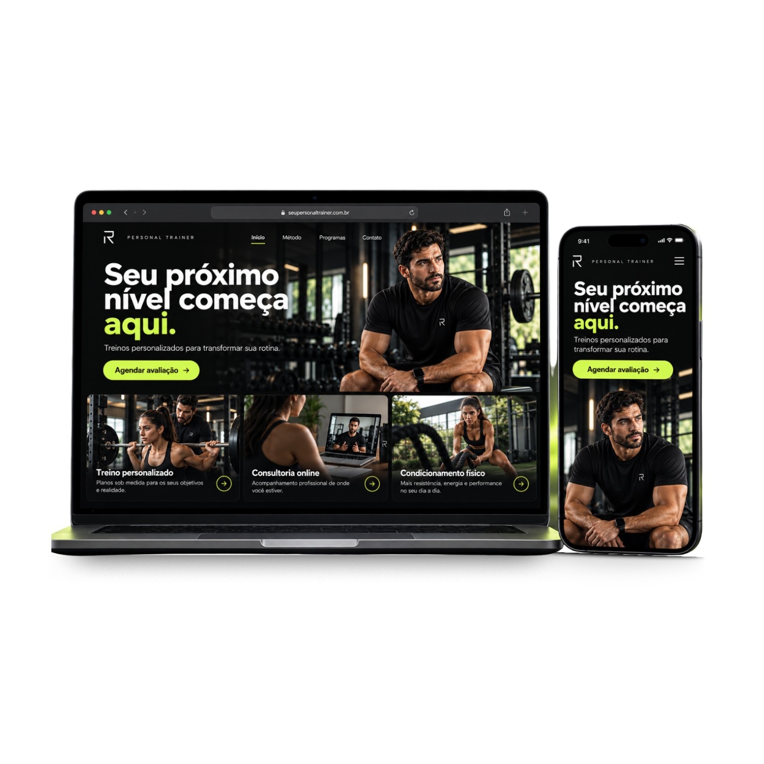 Demonstração de site para personal trainer em notebook e celular
